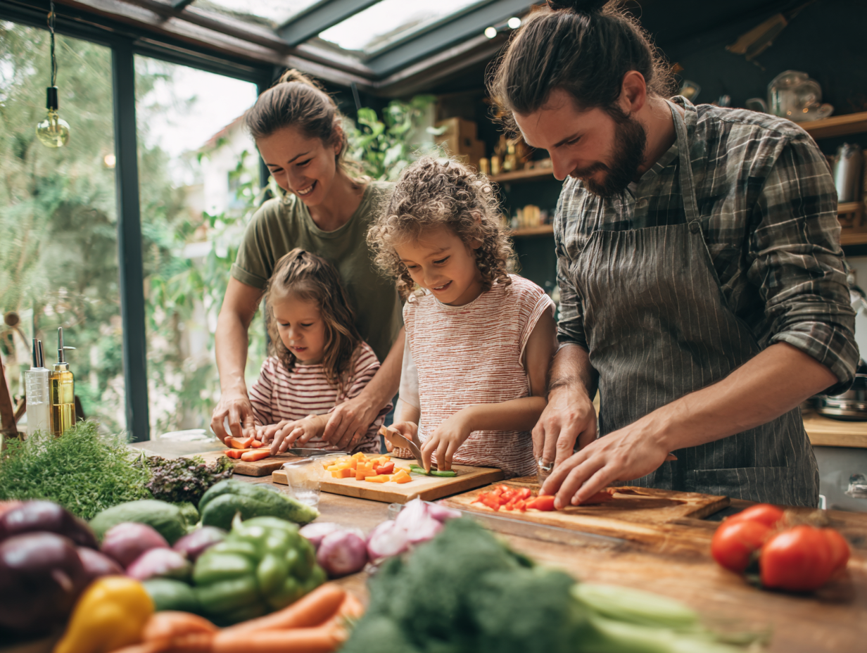 Сім'я з дітьми готує здорову їжу разом на кухні, використовуючи свіжі овочі та фрукти