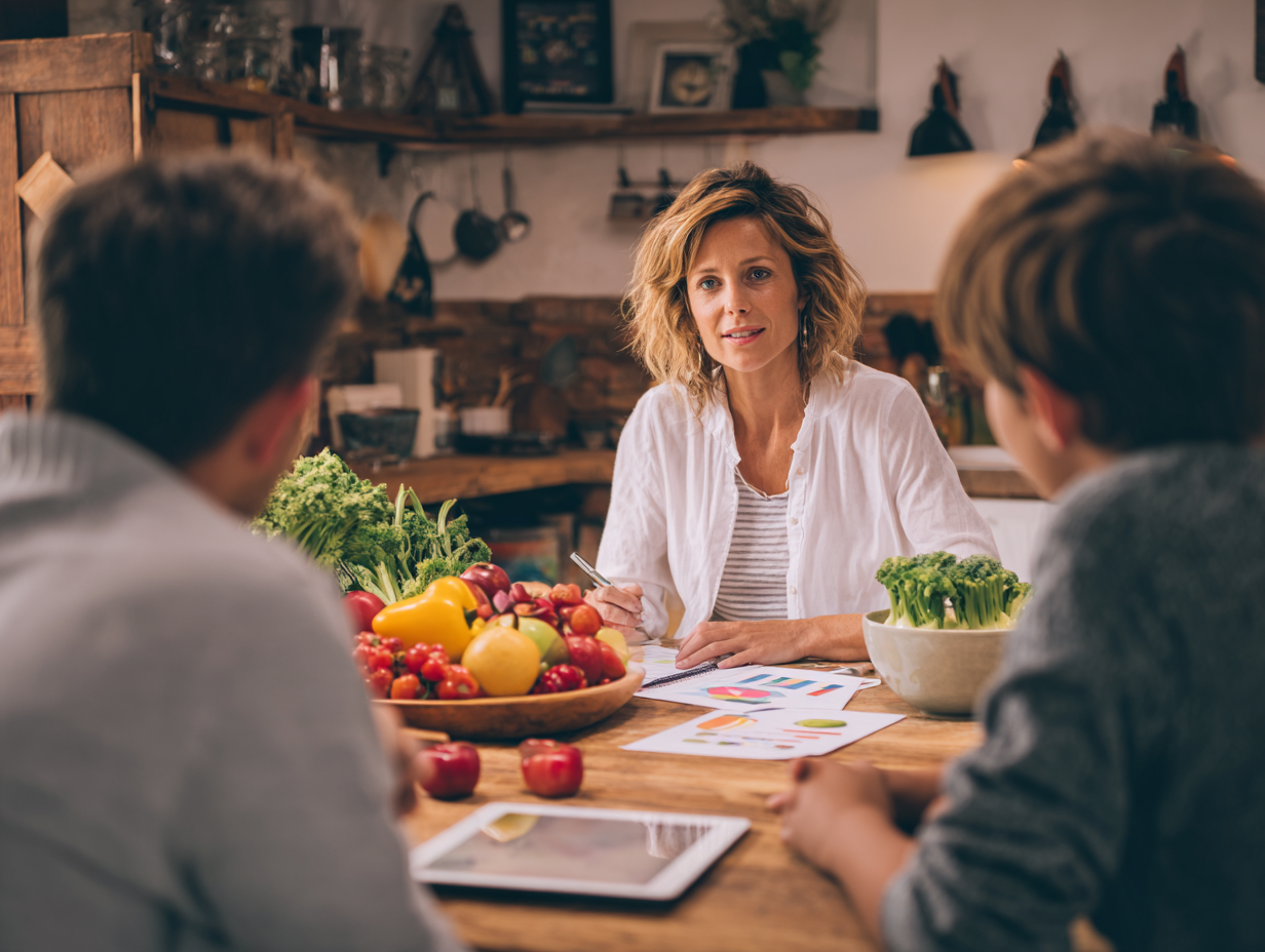 Різноманітні свіжі продукти: овочі, фрукти, злаки та білкові продукти на дерев'яному столі